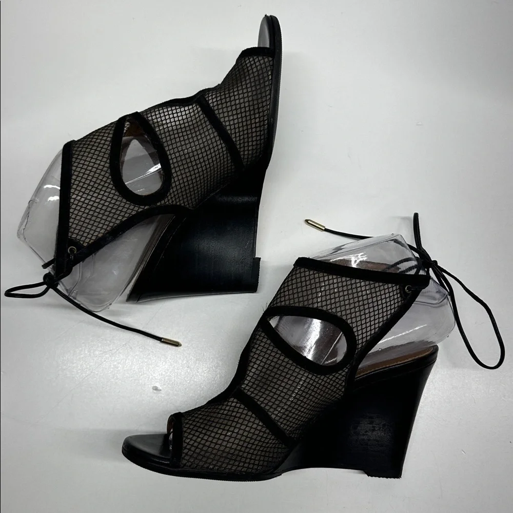 Aquazzura Sexy Thing Suede Wedges Heeled Sandals Open Toe Mesh Black Size 7.5